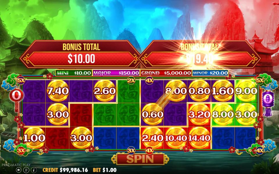 Chest Respin on two grids with the 5x and 4x zones on the second grid completed and their coin values multiplied