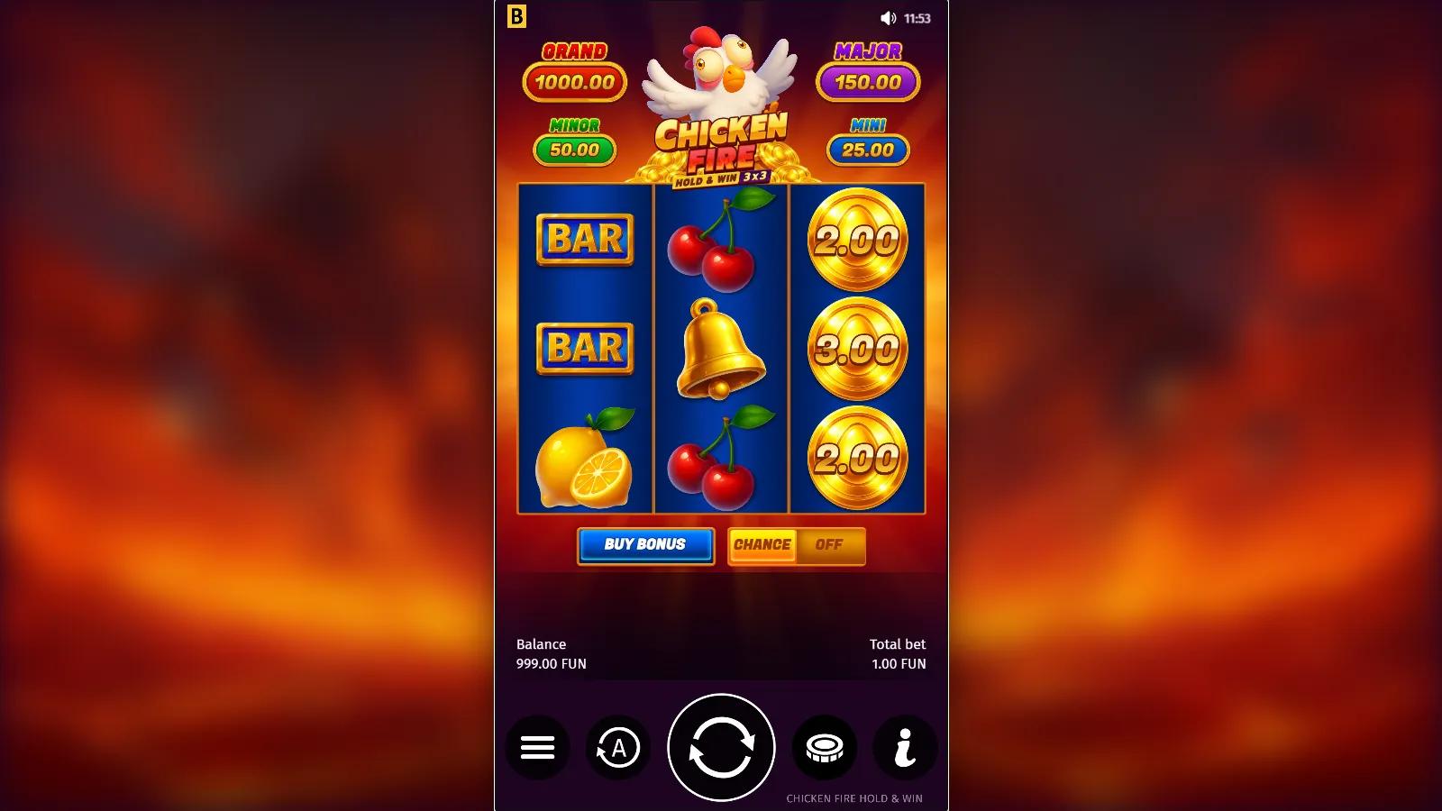 Chicken Fire slot gameplay showing the 3x3 grid with golden Coin symbols above four Hold & Win jackpots