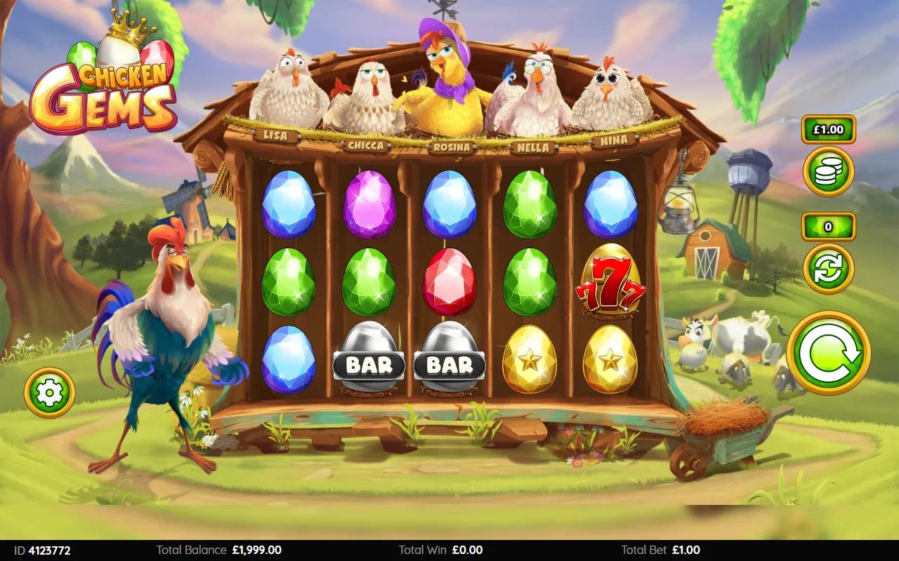 Chicken Gems slot gameplay showing 5x3 grid with named hens, jewel egg symbols and Walking Wild Egg on the reels
