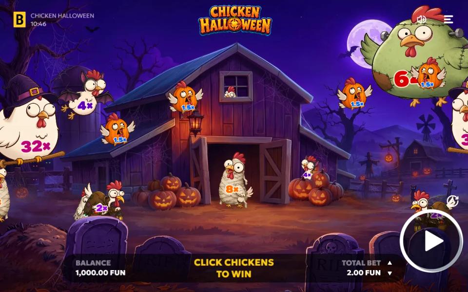 Chicken Halloween game screen: costumed chickens marked 32x, 4x, 1.5x, 8x, 2x and 64x wander a moonlit farmyard in front of a barn, with the Play button in the corner