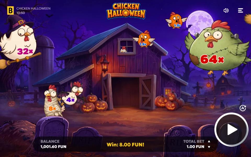 The 8x mummy chicken bursting in Chicken Halloween, with the win shown in the bar at the bottom