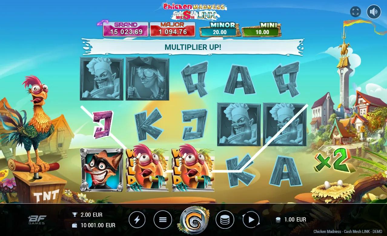 Chicken Madness Cash Mesh Link slot gameplay showing 5x3 grid with rooster Wilds, x2 multiplier and progressive jackpots