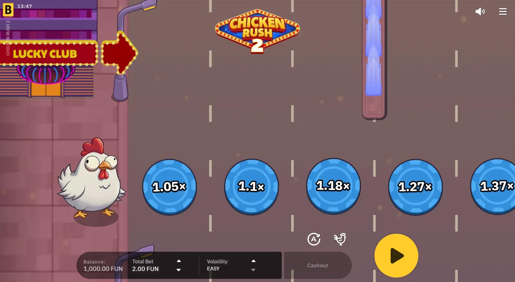 Chicken Rush 2 crash game showing the chicken crossing road lanes with rising 1.05x to 1.37x cash-out multipliers