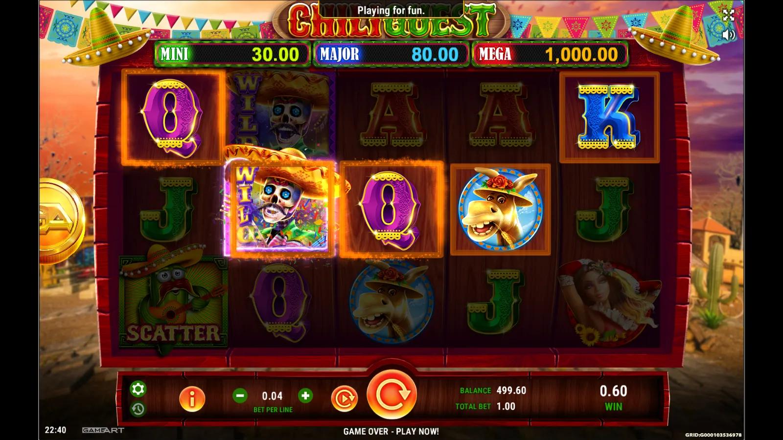 Chili Quest slot gameplay showing the 5x3 reels with a skeleton mariachi wild, donkey, piñata and chili scatter symbols