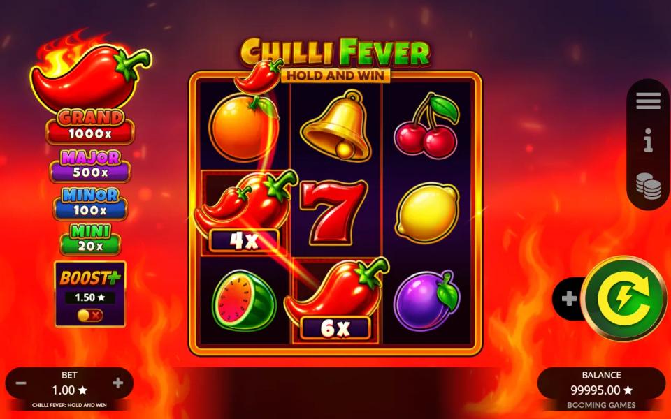 Two chillies on reels 1 and 2 flying up to the pepper collection meter in the top left corner