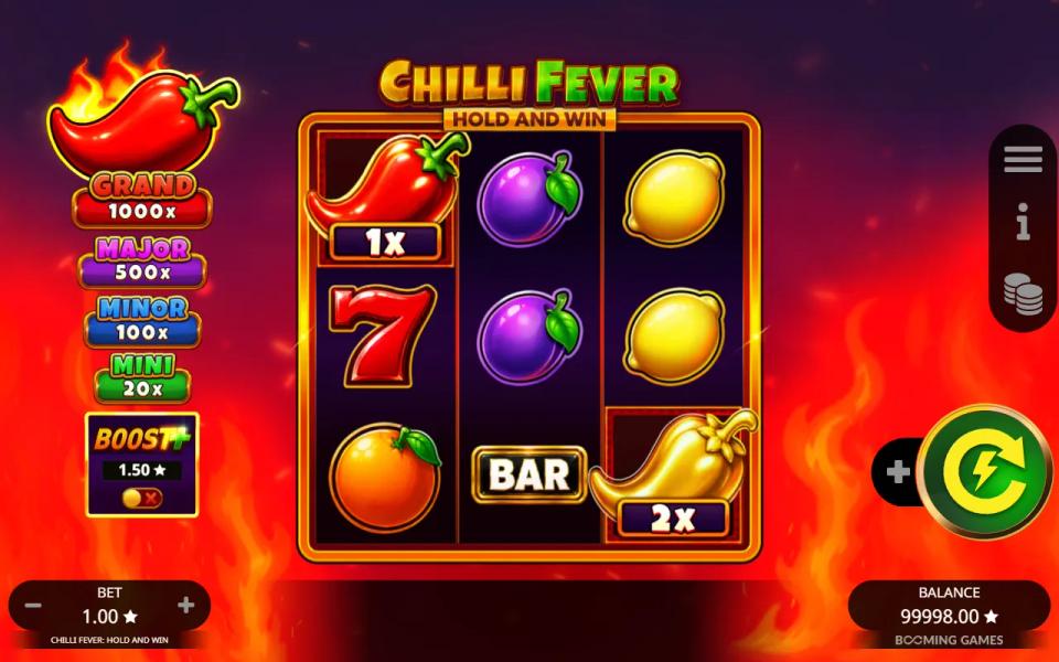 A gold super chilli sitting on reel 3 of the base game next to a red chilli on reel 1