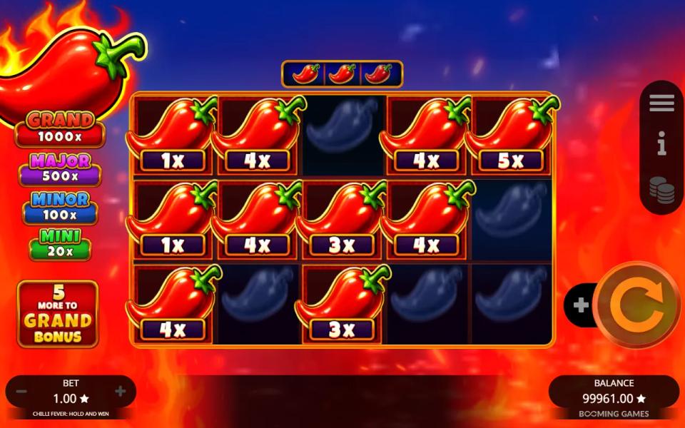 A 5x3 Hold and Win grid mostly filled with small-value chillies and a few dark cells left