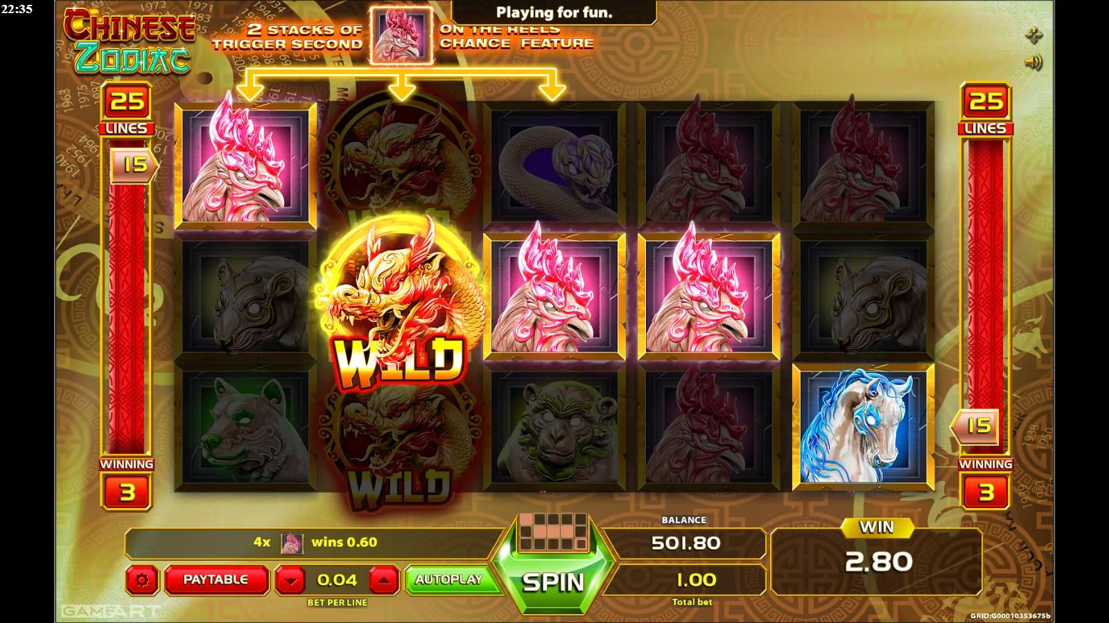 Chinese Zodiac slot gameplay showing the 5x3 reels of jade zodiac-animal statues with a red dragon wild