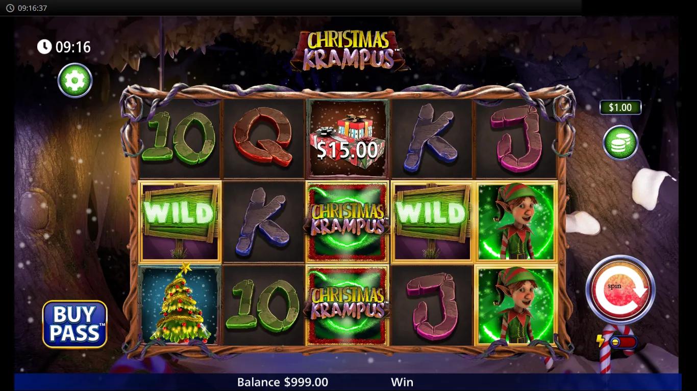 Christmas Krampus slot gameplay screenshot with dark forest reels, glowing Krampus logo, elf and snowman symbols