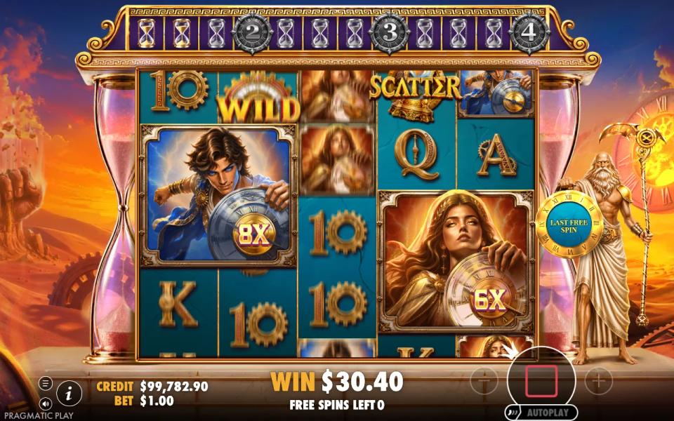 Chronos Sands of Eternity free spins board with an 8x blue warrior 2x2 block on reels 1-2 and a 6x golden woman 2x2 block on reels 4-5, the hourglass level meter above the reels