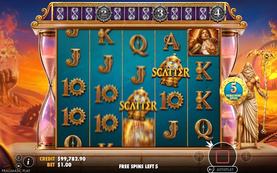 Free spins reels on a teal background with the hourglass meter marked 2, 3 and 4 above the grid while two scatters land