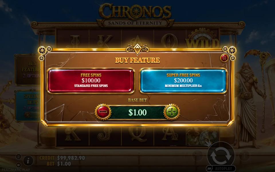 Chronos Sands of Eternity buy feature menu offering Free Spins at 100x and Super Free Spins at 200x with a 6x minimum multiplier