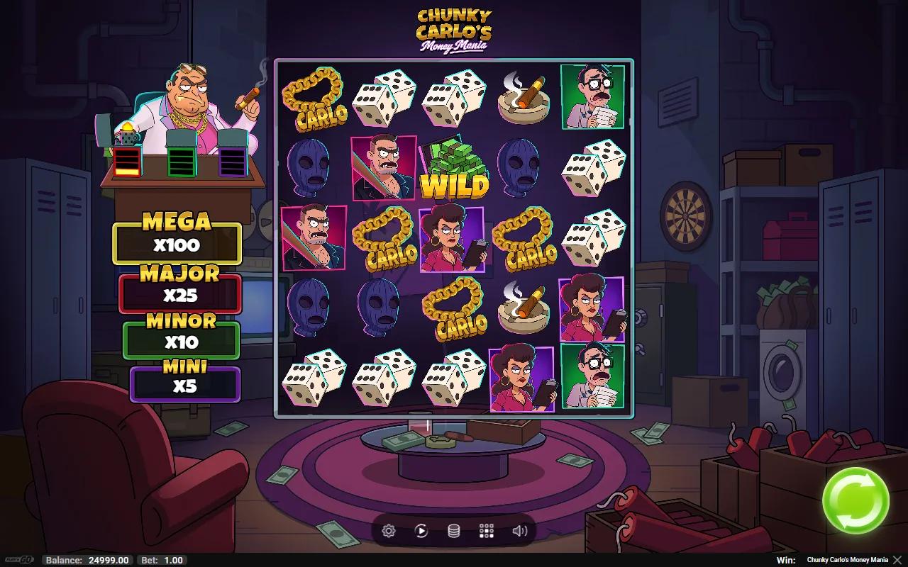 Chunky Carlo's Money Mania slot 5x5 cluster grid with a banknote WILD, gold CARLO chains and the MEGA x100 prize ladder