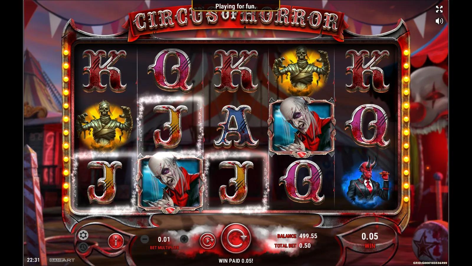 Circus of Horror slot gameplay showing the 5x3 reels with vampire, ringmaster, contortionist and gargoyle freak-show symbols