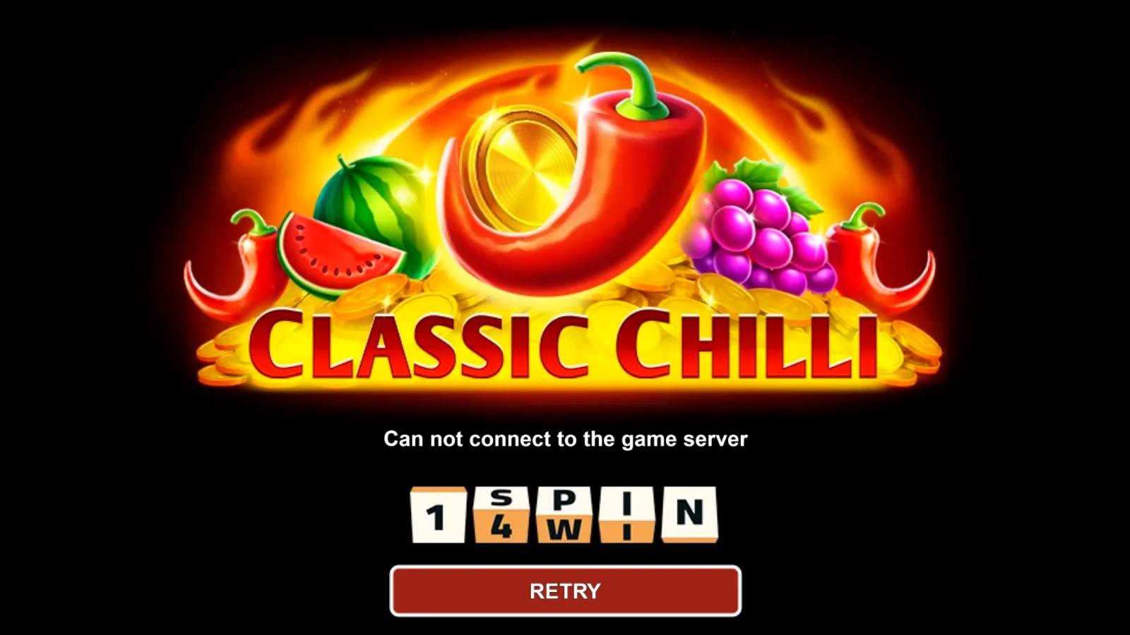 Classic Chilli slot by 1spin4win key art showing a flaming red chilli, fruit symbols and gold coins for the 5x3 243-ways fruit slot