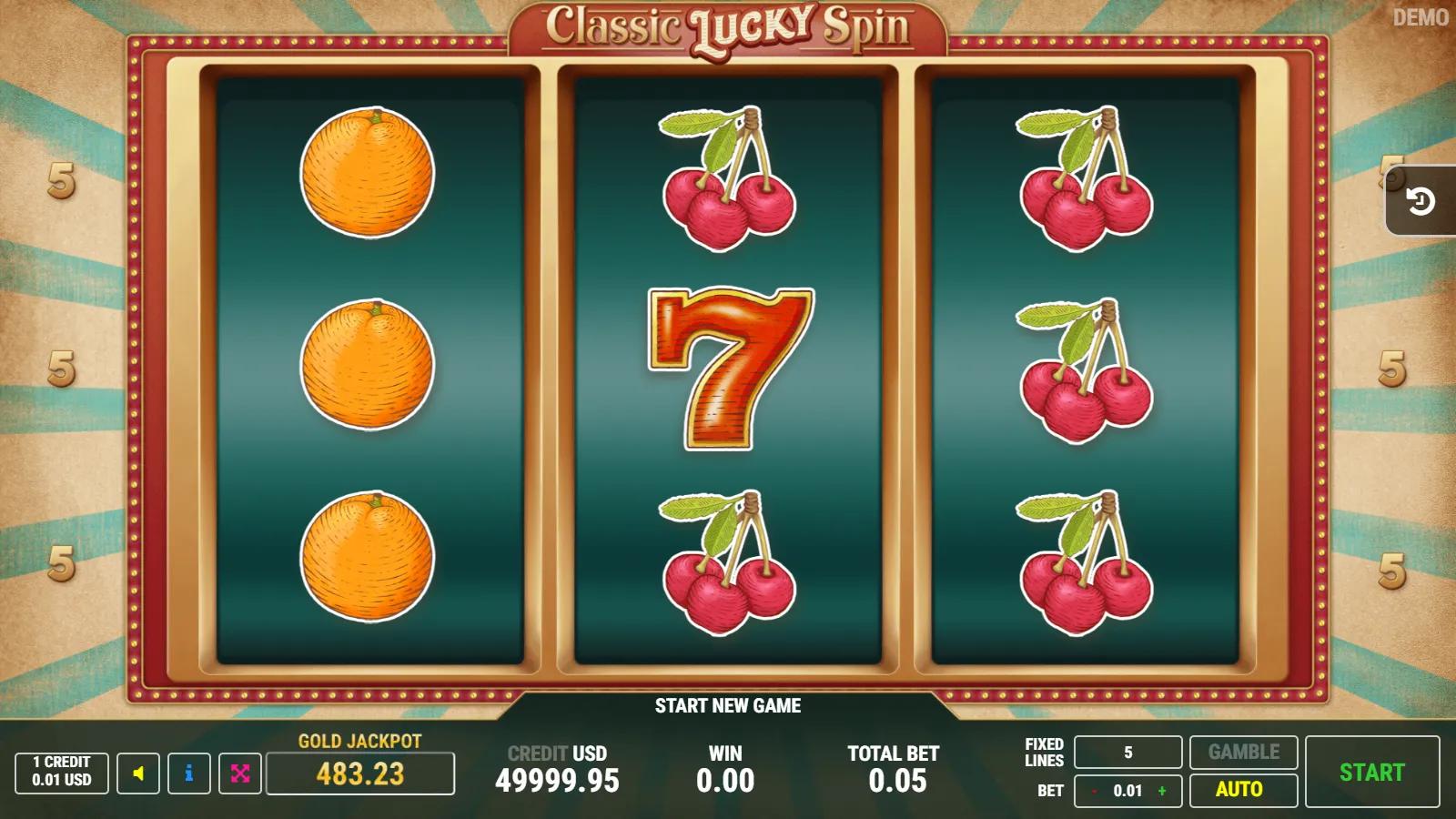 Classic Lucky Spin slot gameplay showing vintage 3x3 fruit grid with red 7, gold star, plums, cherries and 5 paylines