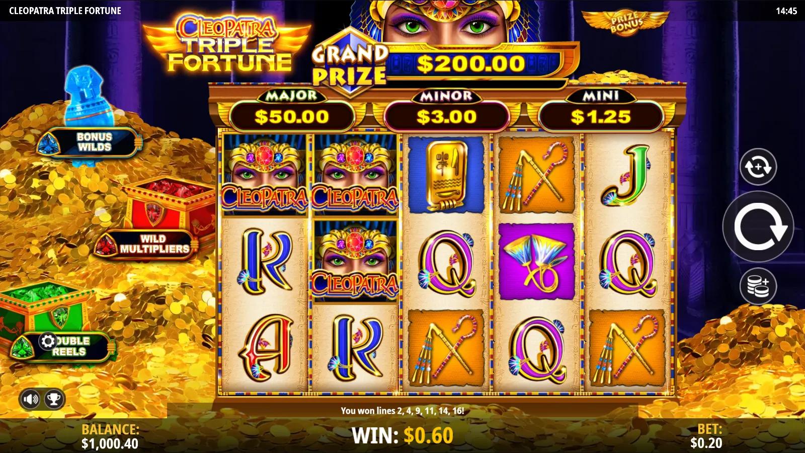 Cleopatra Triple Fortune slot gameplay showing the 5x3 Egyptian grid with Cleopatra Wilds, a wild multiplier and the four-tier jackpot ribbon