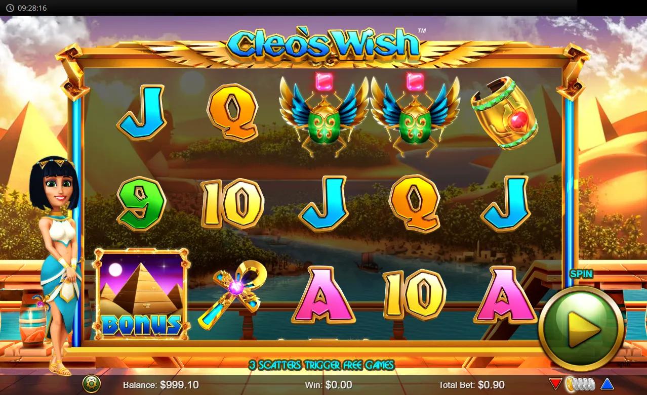Cleo's Wish slot showing 5x4 1024-ways grid with the Cleopatra wild, ankh, scarab and purple pyramid scatter