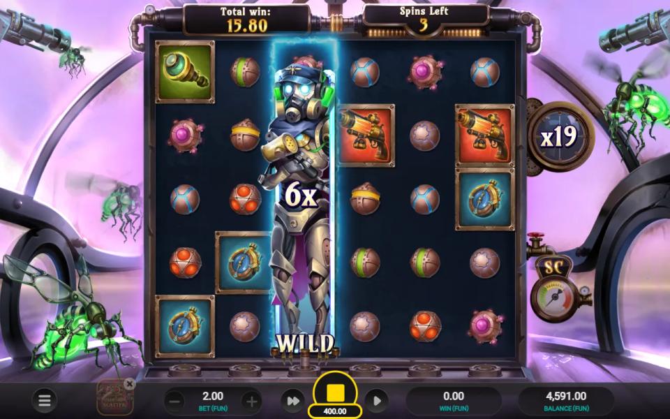 Robot wild expanded across a full reel at 6x in Cloudforge free spins with the global multiplier at x19