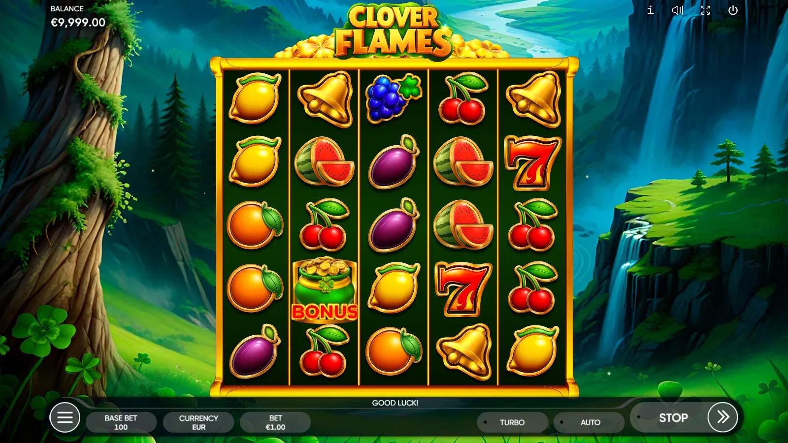 Clover Flames gameplay showing 5x5 fruit reels with oranges, cherries and bells in an emerald Irish valley