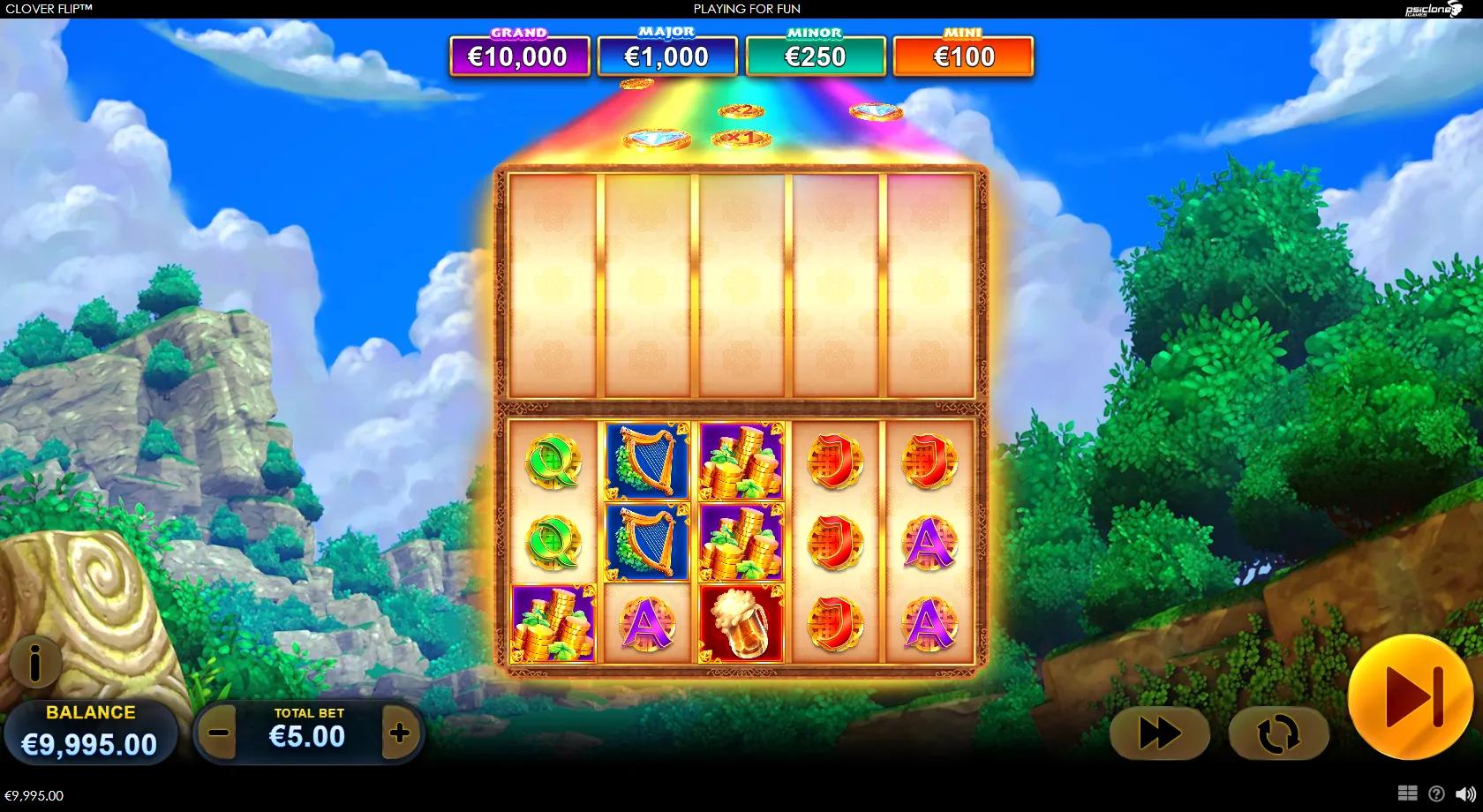 Clover Flip slot gameplay showing 5x3 Irish-luck grid with pots of gold, harps, a Flip coin and four Diamond jackpots