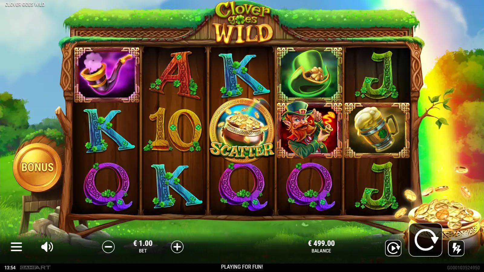 Clover Goes Wild slot gameplay showing 5x3 Irish meadow grid with a Pot of Gold Scatter and leprechaun