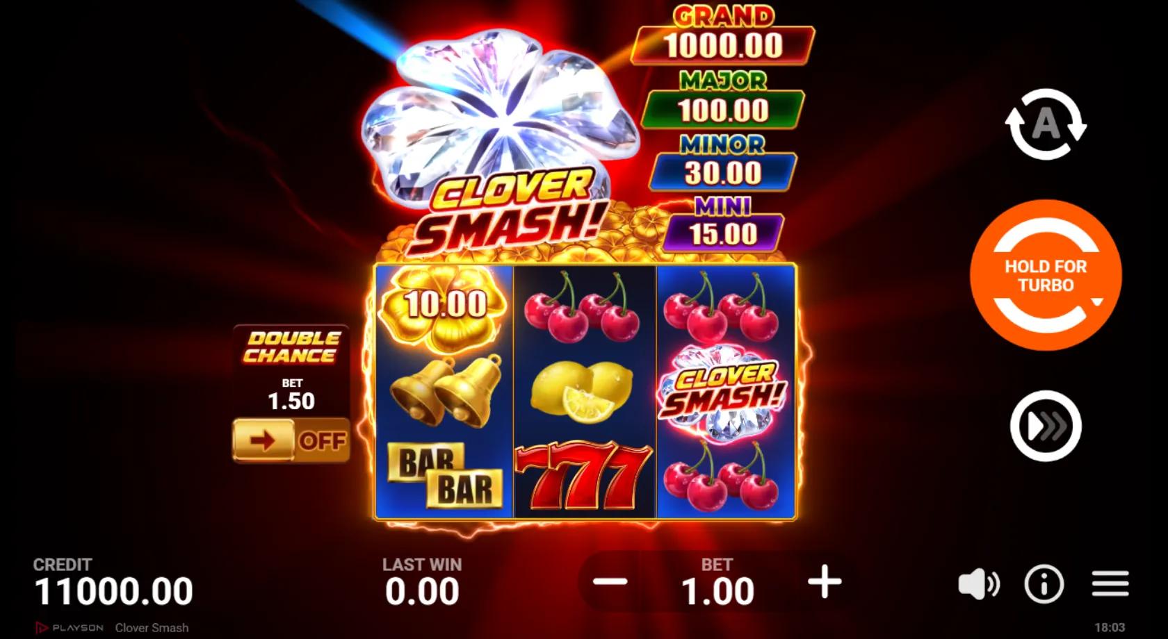 Clover Smash slot gameplay showing 3x3 reels with a gold money clover, cherries, BAR and 777 symbols and the Grand jackpot ladder