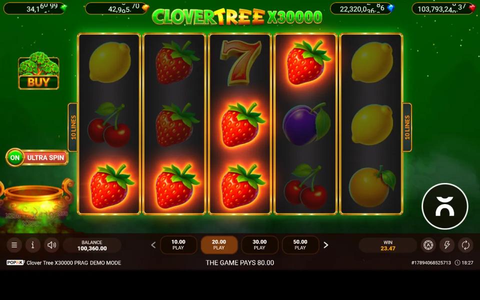 Clover Tree x30000 PRAG 5x3 reels with strawberries paying across the bottom row and four jackpot counters running above the board
