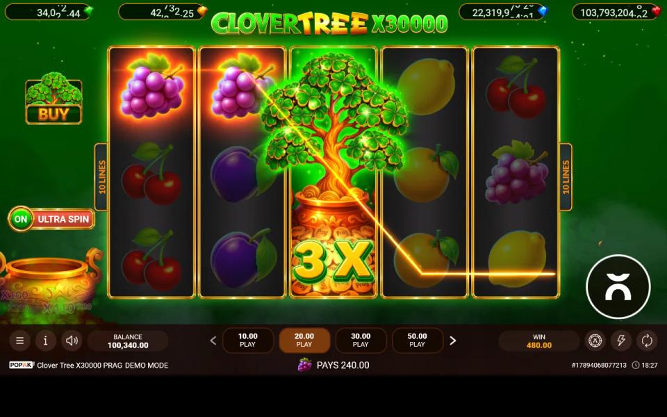 The clover tree wild expanded over all three rows of reel 3 carrying a 3X multiplier, two grape lines lit across the 5x3 grid