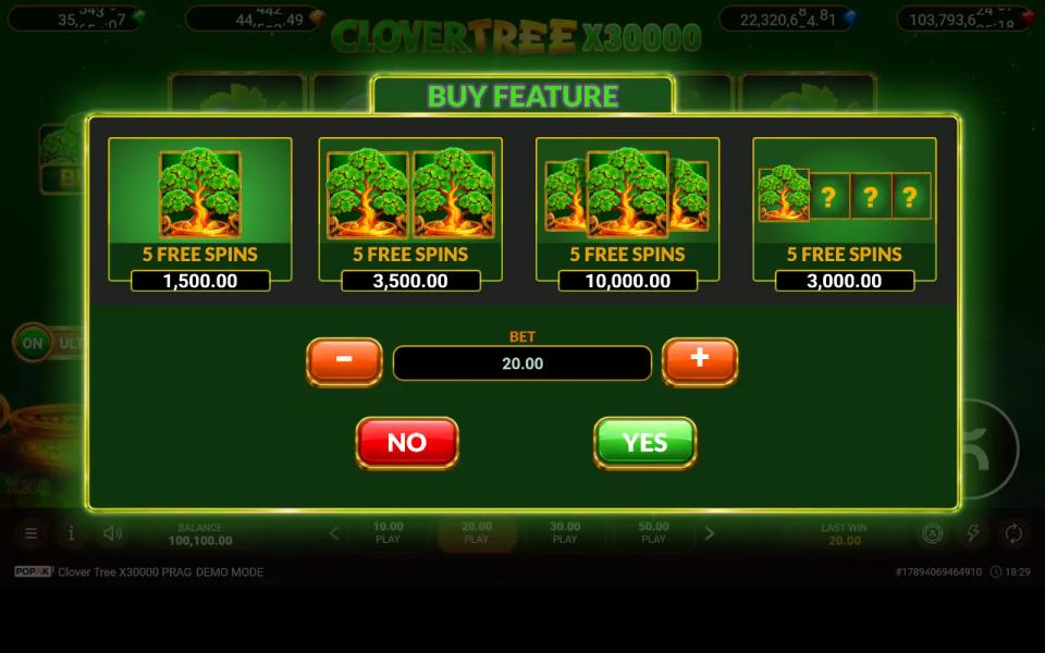 Buy Feature menu showing four purchase options, each awarding five free spins, priced 1,500.00, 3,500.00, 10,000.00 and 3,000.00 at a 20.00 stake