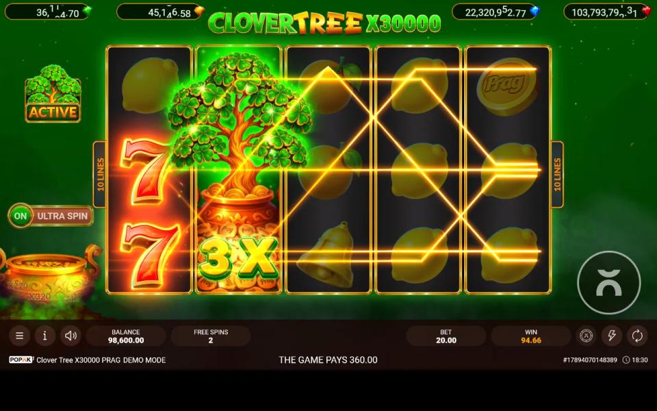 A bought free spin with the clover tree wild filling reel 2 at 3X and six paylines lit across the 5x3 grid