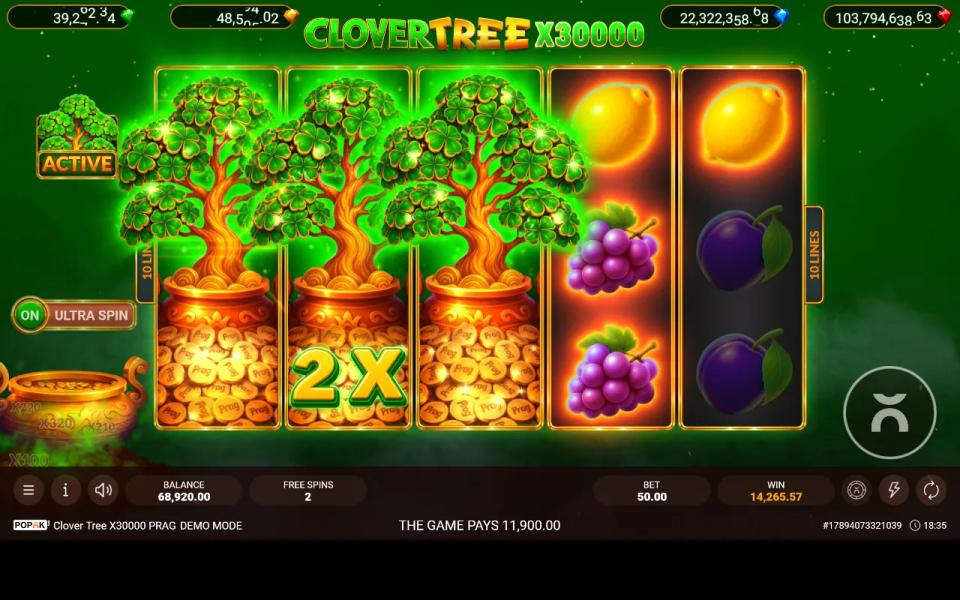Three expanded clover tree wilds filling reels 1 to 3 of the 5x3 grid, one carrying a 2X, during a bought free spins round