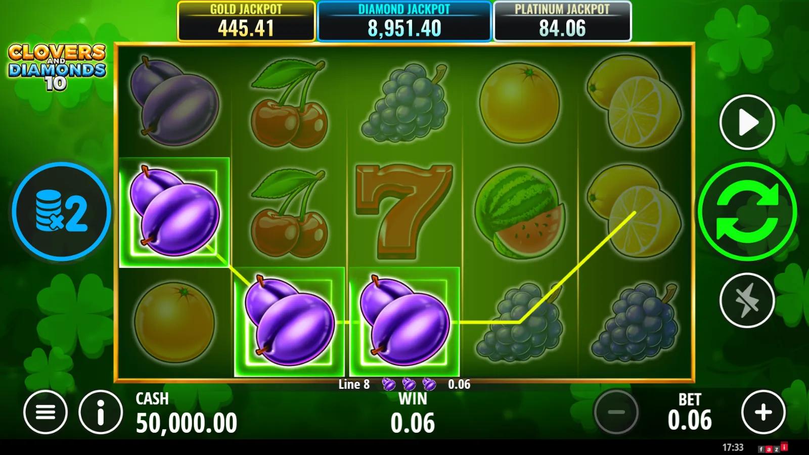 Clovers and Diamonds 10 slot gameplay showing 5x3 fruit grid with a winning plum line, clover Wilds and three jackpot meters