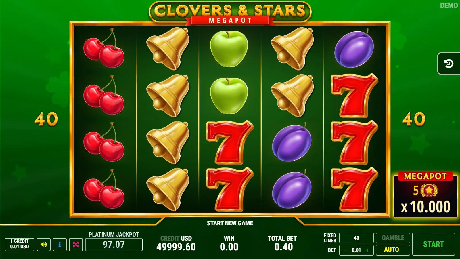 Clovers and Stars slot gameplay showing 5x4 fruit grid with gold Megapot clover star, red 7, BAR and 3 mystery jackpots