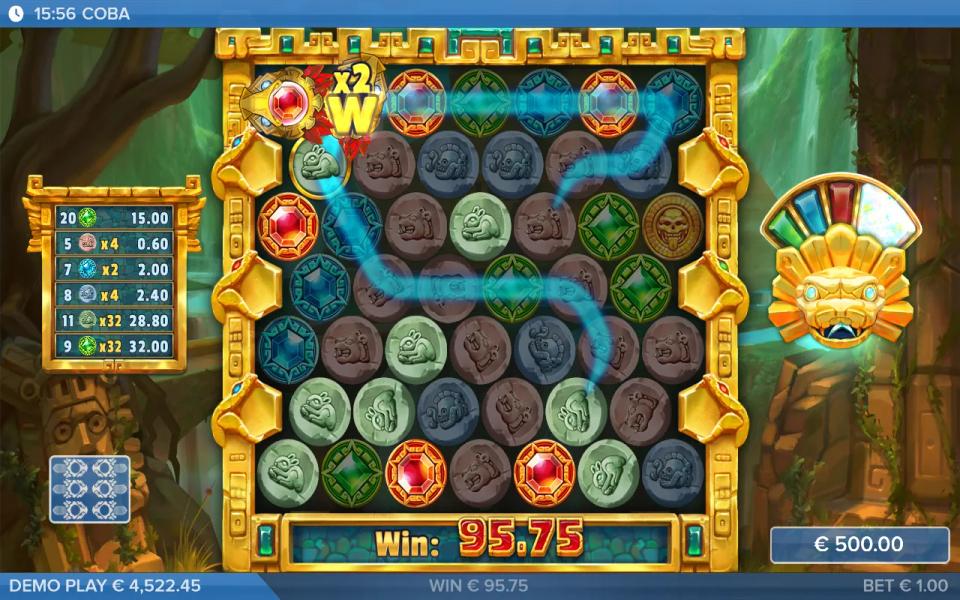 Coba win list showing two clusters paid at x32 during the COBA! buy, with an x2 wild still on the board