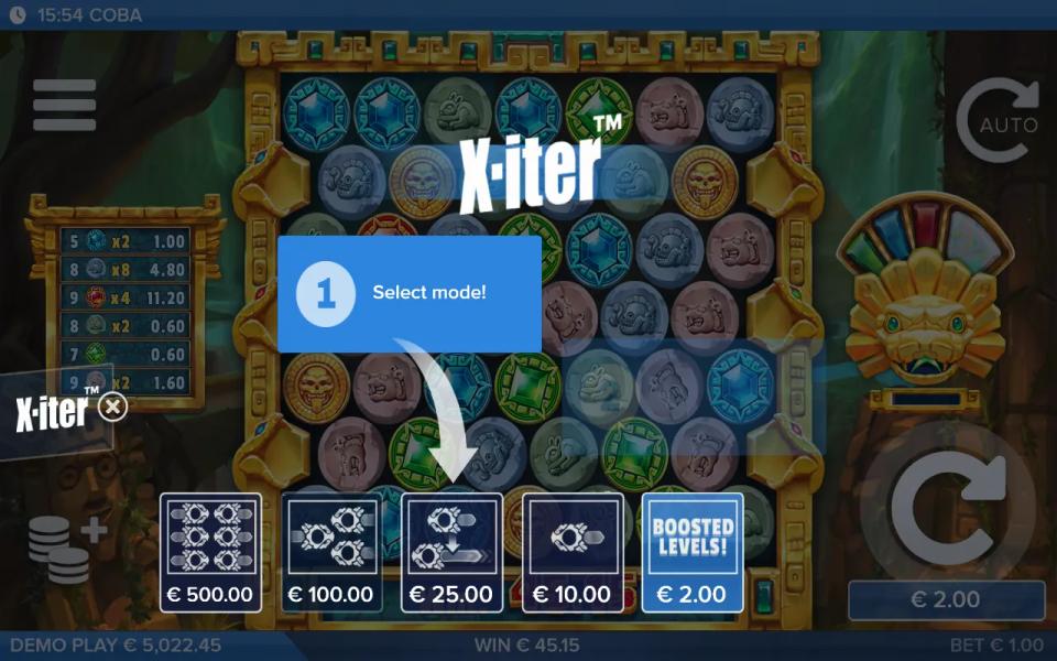 The Coba X-iter row with five modes priced at 500, 100, 25, 10 and 2 times the bet