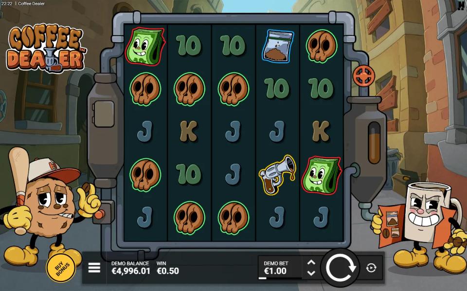 Coffee Dealer's 5x5 cartoon grid paying half the stake on three skulls across the first three reels