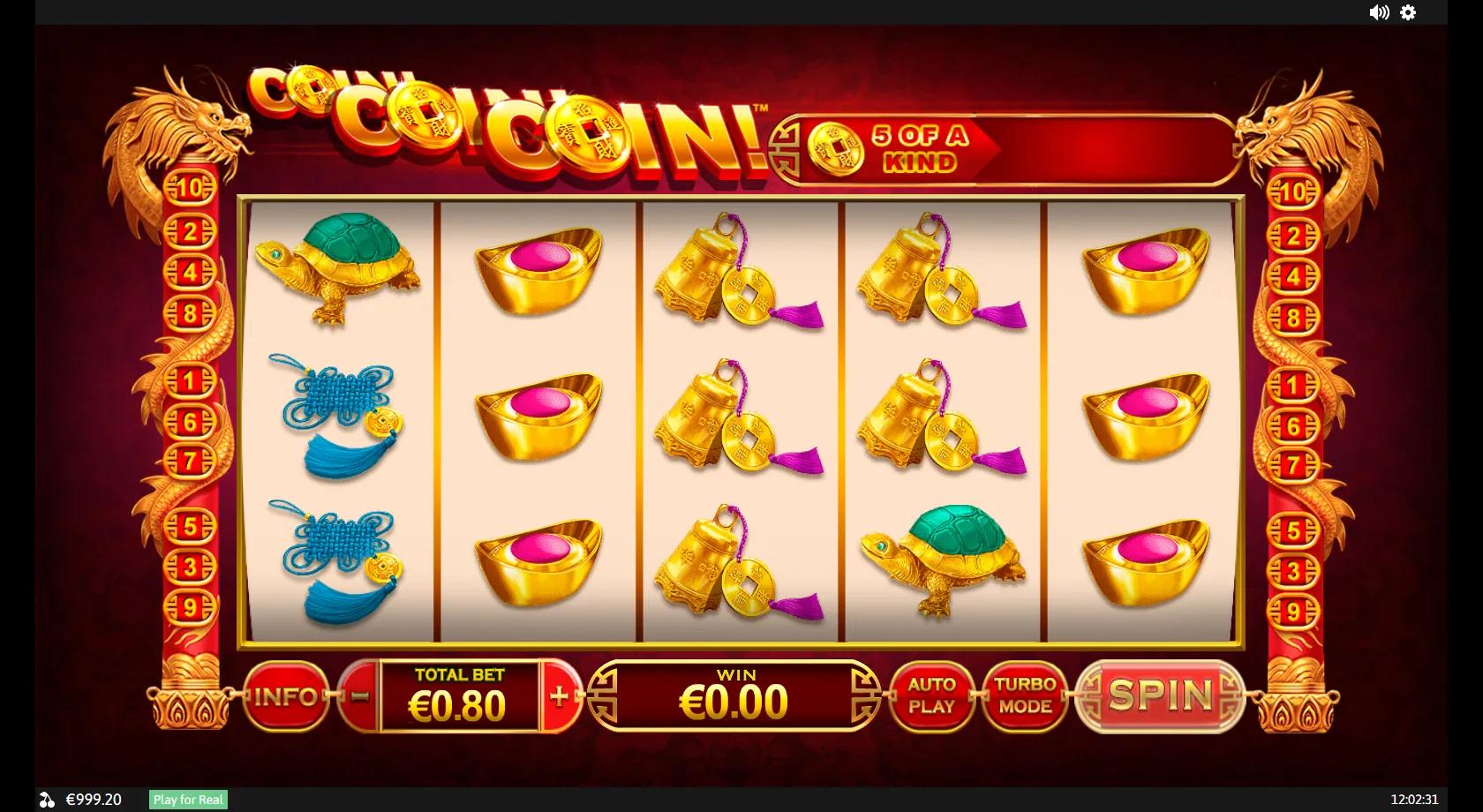 Coin Coin Coin slot gameplay showing 5x3 grid with gold ingot, lucky turtle and bell symbols between two dragon pillars