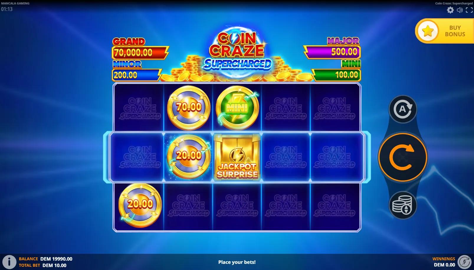 Coin Craze Supercharged gameplay showing 5x3 grid with gold money coins, MINI jackpot symbol and JACKPOT SURPRISE special