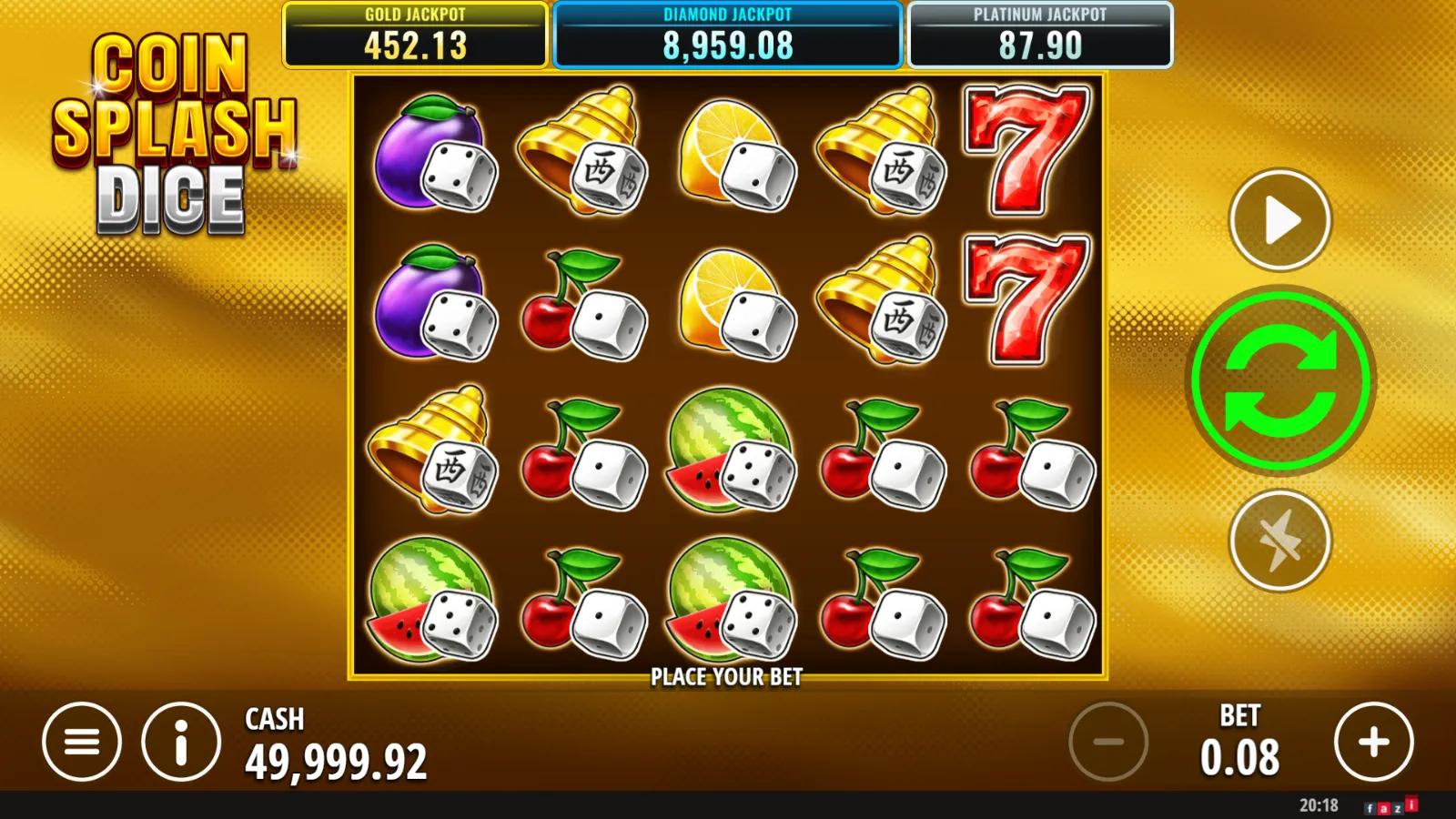Coin Splash Dice slot gameplay showing 5x4 dice-fruit reels with red sevens and Gold, Diamond, Platinum jackpots