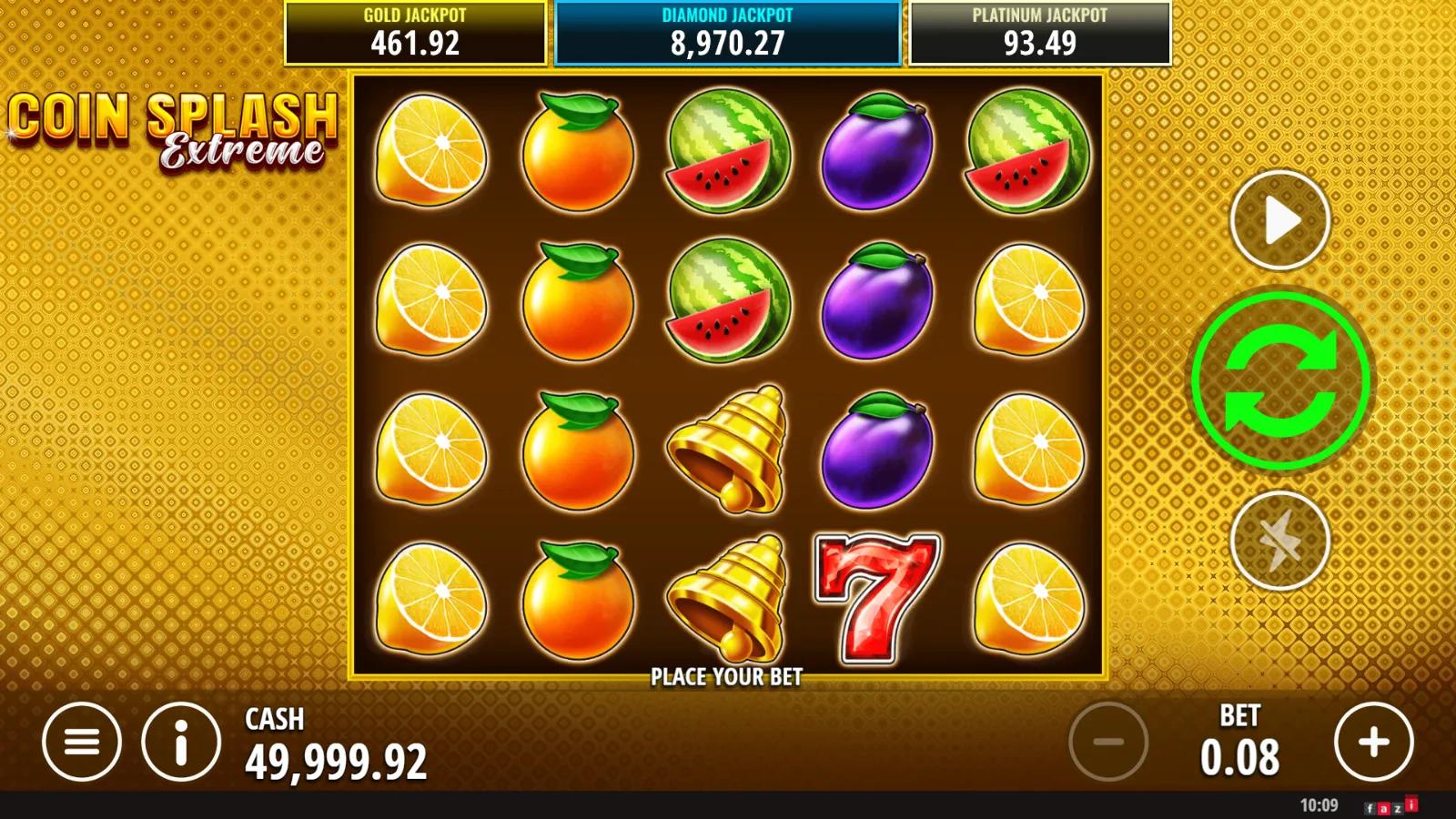 Coin Splash Extreme slot gameplay showing 5x3 fruit grid with gold coin Splashing Wilds and 3 mystery jackpots