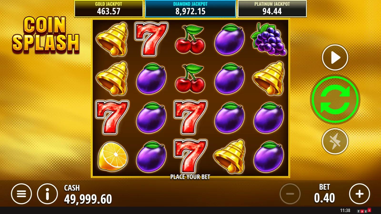 Coin Splash slot gameplay showing 5x4 fruit grid with gold coin Splashing Wilds and 3 mystery jackpots