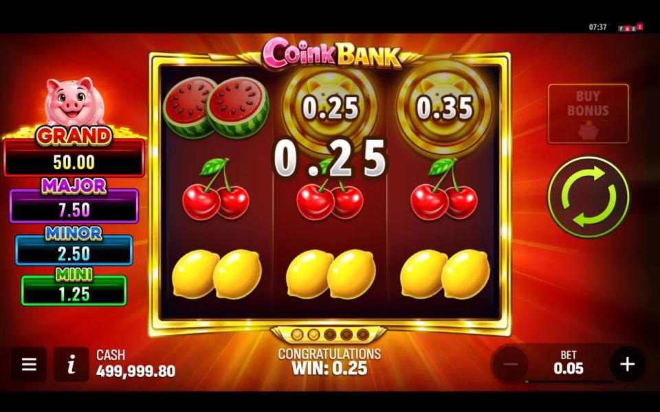Coink Bank 3x3 grid paying two fruit lines at once while two gold coins sit unclaimed on the top row