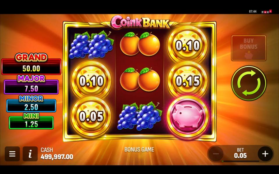 Coink Bank bonus trigger board bought for 50x the bet, showing four gold coins and one Collect symbol