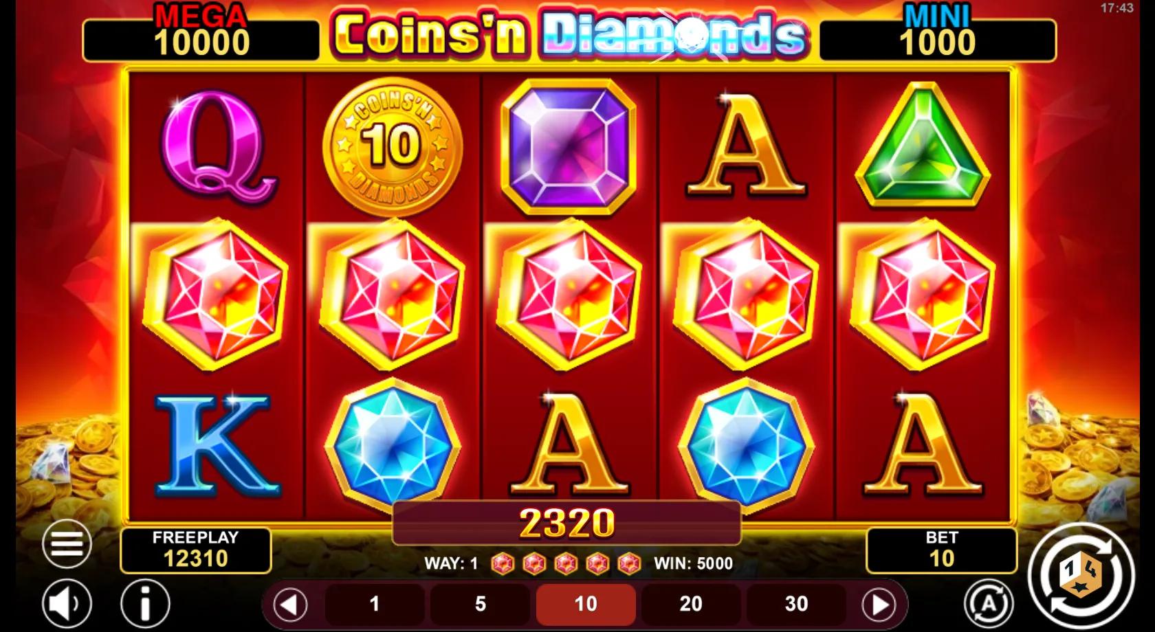 Coins'n Diamonds Fortune slot gameplay showing 5x3 gem grid with five red diamonds and a value coin symbol