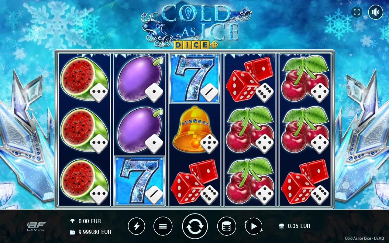 Cold as Ice Dice slot 5x3 grid with stacked watermelons on reel 1 and frosted 7s, every symbol carrying a dice pip