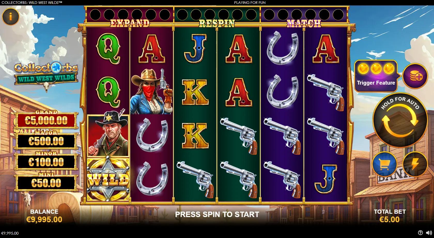 CollectOrbs Wild West Wilds slot gameplay showing 6x4 grid with EXPAND, RESPIN and MATCH orb counters