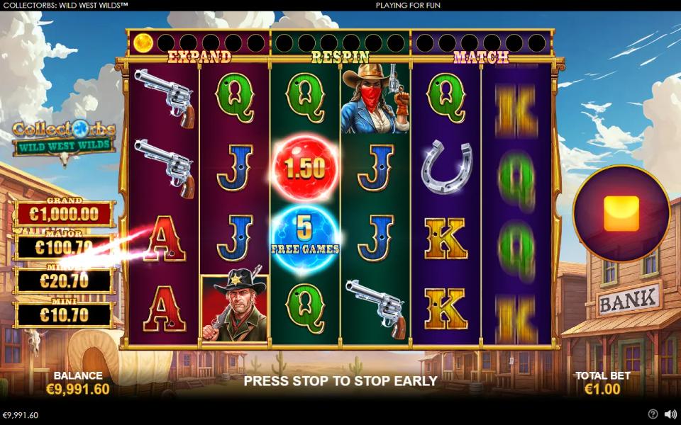 A six-reel western slot board showing a cash orb and a five free games orb with no collector symbol anywhere in view