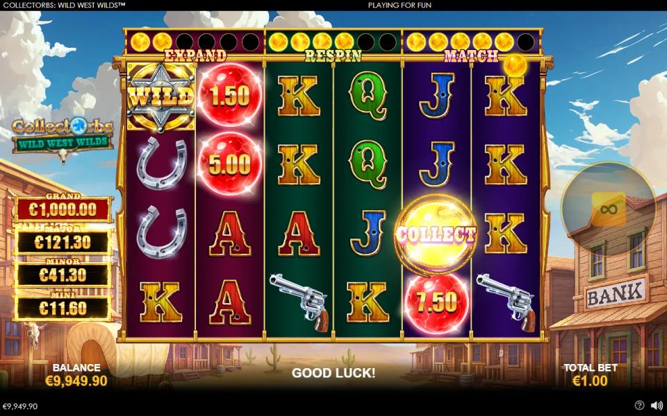 A collect orb on the fifth reel beside three cash orbs worth 1.50, 5.00 and 7.50
