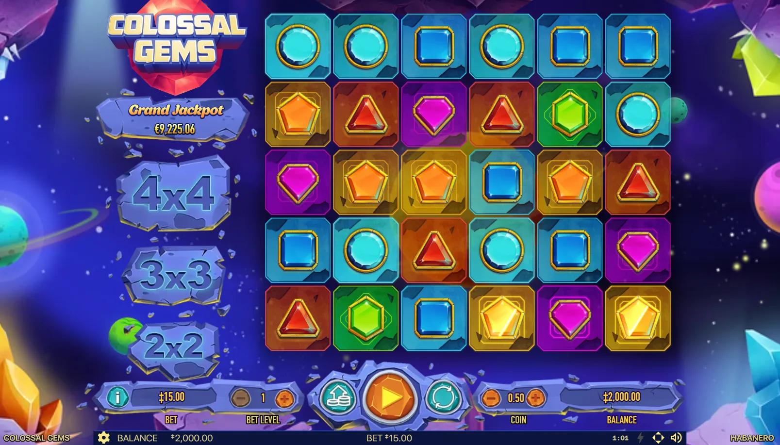 Colossal Gems slot gameplay showing 6x5 grid with geometric gems including diamond, ruby, emerald, sapphire and respin progression indicators on space backdrop